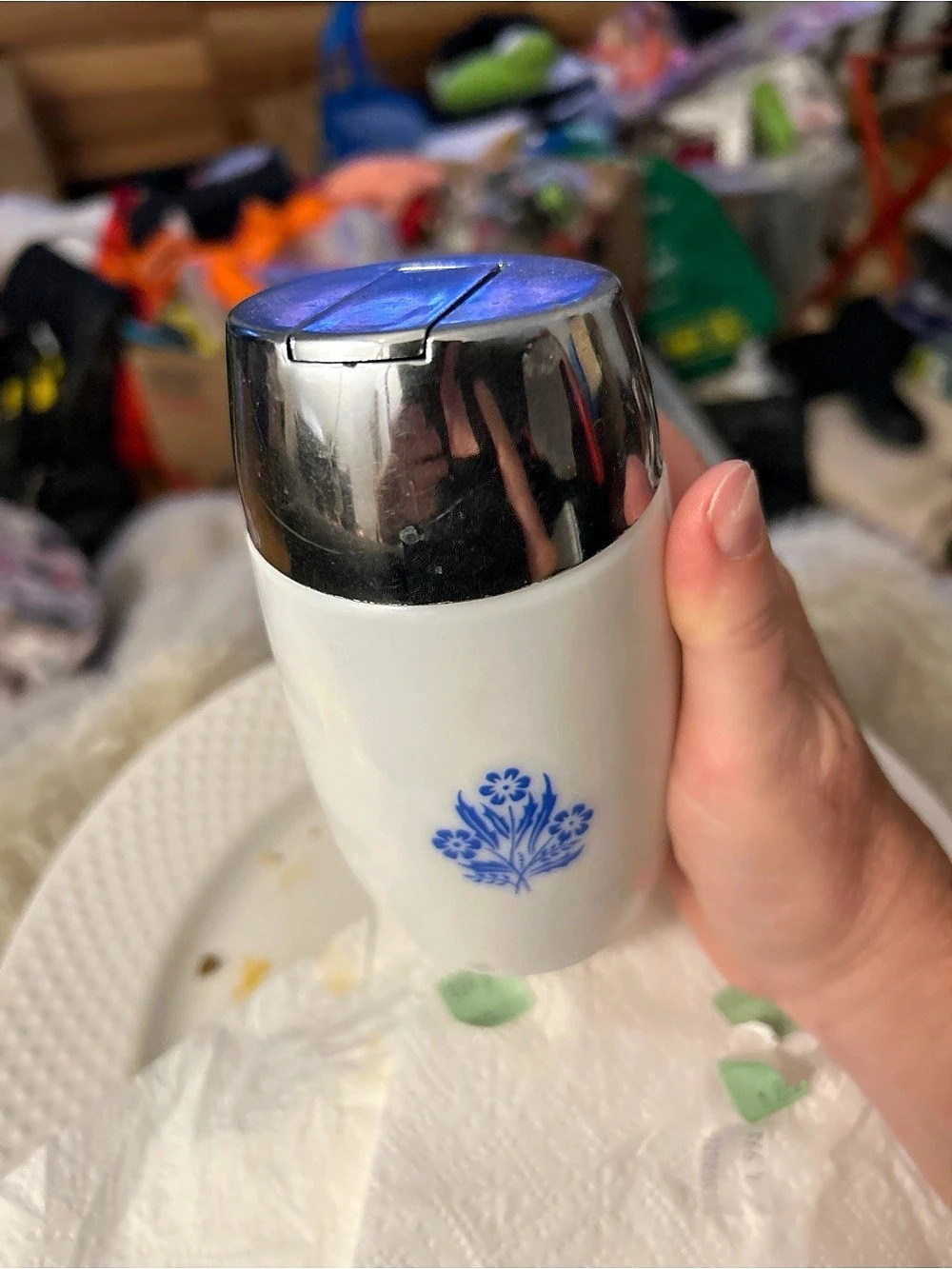 White & Blue Floral Container with Metal Lid